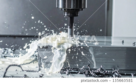 A cinematic shot of a large industrial CNC vertical machining center in operation 135663581