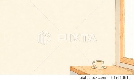 窗邊咖啡杯的簡單背景插圖，巧妙運用了留白。 135663613