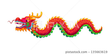 Red Chinese dragon, Lunar new year holiday character symbolizing power, strength, and luck. Isolated cartoon vector traditional creature embodies cultural heritage and myth, celebrated during festival Red Chinese dragon, Lunar new year holiday character symbolizing power, strength, and luck. Isolated cartoon vector traditional creature embodies cultural heritage and myth, celebrated during festival 135663619