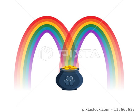 St Patricks font typeset rainbow pot of gold letter M. Spring holiday alphabet vector symbol, Irish Saint Patricks day font sign or ABC letter with rainbow arch over leprechaun cauldron with coins 135663652