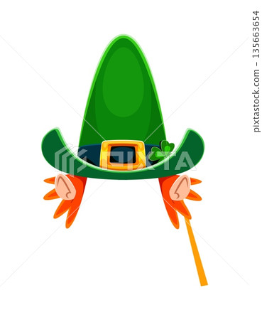 St Patricks leprechaun green hat and ears photo booth mask. Spring festival vector costume element, Irish party sticker. Saint Patrick leprechaun hat with clover leaf and ears kids photo booth mask St Patricks leprechaun green hat and ears photo booth mask. Spring festival vector costume element, Irish party sticker. Saint Patrick leprechaun hat with clover leaf and ears kids photo booth mask 135663654