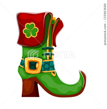 St Patricks font typeset leprechaun boot letter L. Saint Patricks day celebration ABC typeset vector letter, alphabet element. Irish font symbol with leprechaun green boot golden buckle and clovers 135663680