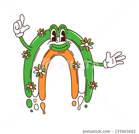 Saint Patricks day rainbow cartoon groovy cute character. Ireland holiday hippie personage, Irish party groovy vector character. Saint Patrick rainbow arch in colors of Ireland flag colors mascot 135663682