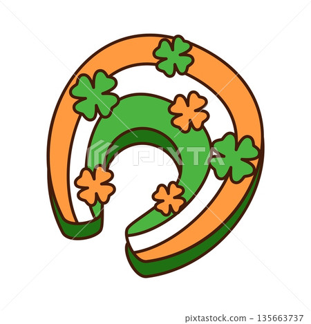 Saint Patricks day cartoon groovy horseshoe cookie or candy. Spring party confectionery, Irish festive groovy vector sweets. St Patricks Ireland flag color horseshoe cookie or candy with clover leaves Saint Patricks day cartoon groovy horseshoe cookie or candy. Spring party confectionery, Irish festive groovy vector sweets. St Patricks Ireland flag color horseshoe cookie or candy with clover leaves 135663737