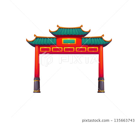 Chinese lunar New Year icon of entrance gate arch, vector traditional symbol of China architecture. Paifang or Pailou archway gate for Chinese Lunar New Year or Chinatown celebration decoration 135663743