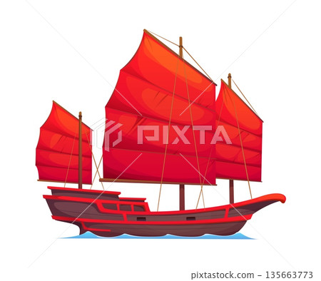 Cartoon junk sailing ship China culture icon or item. China isolated junk cartoon item, Chinese history sailing ship vector symbol. Asia culture object or Asian nautical tradition icon 135663773