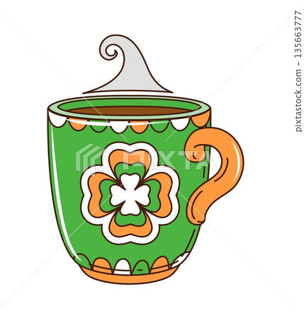 St Patricks day cartoon groovy hot coffee or cocoa drink mug label. Saint Patrick holiday patch, Irish celebration funky vector tag. Ireland party hot cocoa cup with shamrock clover groovy sticker St Patricks day cartoon groovy hot coffee or cocoa drink mug label. Saint Patrick holiday patch, Irish celebration funky vector tag. Ireland party hot cocoa cup with shamrock clover groovy sticker 135663777