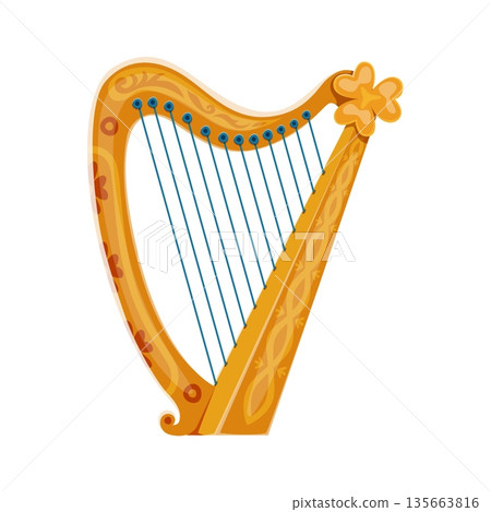 St Patrick day symbol of harp for Irish holiday musical instrument, cartoon vector. Happy Saint Patrick day festival and Irish national holiday celebration symbol of Celtic harp for music concert St Patrick day symbol of harp for Irish holiday musical instrument, cartoon vector. Happy Saint Patrick day festival and Irish national holiday celebration symbol of Celtic harp for music concert 135663816