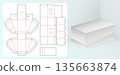 Box packaging die cut template design 3d mockup White Product Packaging Box with Gold Stripe and Dieline Templates for bakery shops, products compartments unique designs hand made 135663874