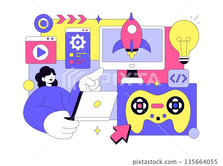 Game Development Vector Illustration Featuring Games, Digital Technology, Programming, and Coding for the Technical Aspects of Creating Video Games 135664055
