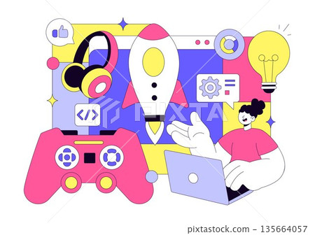 Game Development Vector Illustration Featuring Games, Digital Technology, Programming, and Coding for the Technical Aspects of Creating Video Games 135664057