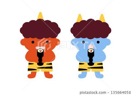 一幅可愛的日本活動插畫，描繪了節分惡魔的孩子們在吃惠方卷。 135664058