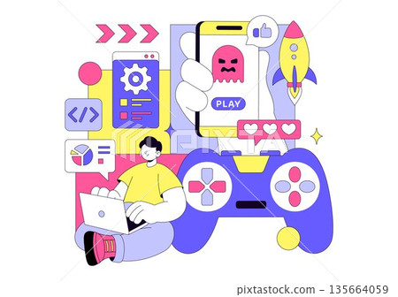 Game Development Vector Illustration Featuring Games, Digital Technology, Programming, and Coding for the Technical Aspects of Creating Video Games 135664059