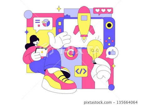 Game Development Vector Illustration Featuring Games, Digital Technology, Programming, and Coding for the Technical Aspects of Creating Video Games Game Development Vector Illustration Featuring Games, Digital Technology, Programming, and Coding for the Technical Aspects of Creating Video Games 135664064
