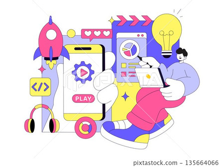 Game Development Vector Illustration Featuring Games, Digital Technology, Programming, and Coding for the Technical Aspects of Creating Video Games Game Development Vector Illustration Featuring Games, Digital Technology, Programming, and Coding for the Technical Aspects of Creating Video Games 135664066