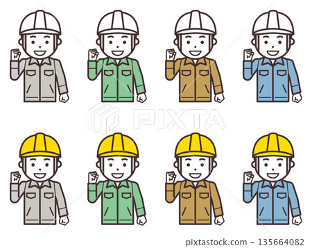 一個戴著頭盔、穿著工作服的男人揮舞拳頭的圖標 135664082