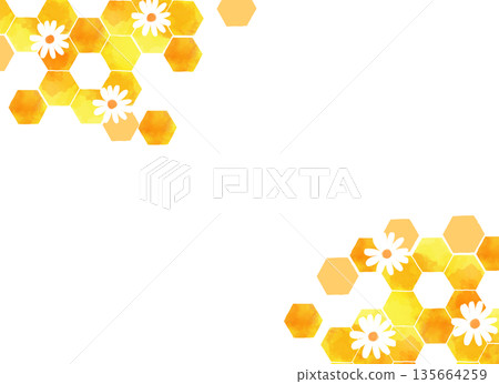 Watercolor honeycomb background frame White flower and honey decoration material Watercolor honeycomb background frame White flower and honey decoration material 135664259