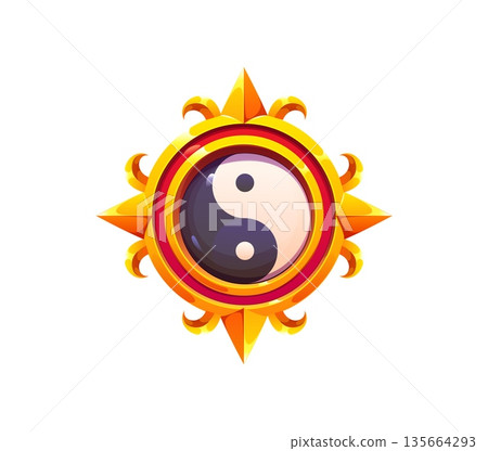 Chinese Lunar New Year holiday icon of Yin Yang sign, cartoon vector game asset. Chinese culture traditional Yin Yang mandala in golden ornament frame for Buddhism philosophy and oriental game GUI Chinese Lunar New Year holiday icon of Yin Yang sign, cartoon vector game asset. Chinese culture traditional Yin Yang mandala in golden ornament frame for Buddhism philosophy and oriental game GUI 135664293