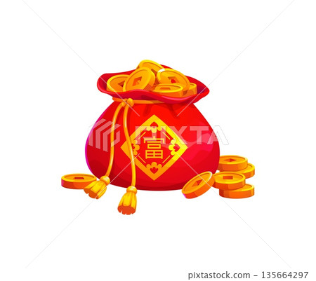 Chinese Lunar New Year lucky money bag filled with golden coins. Vector red festive fortune wallet pouch decorated with gold hieroglyph meaning wealth and richness. Happy cartoon symbol of prosperity Chinese Lunar New Year lucky money bag filled with golden coins. Vector red festive fortune wallet pouch decorated with gold hieroglyph meaning wealth and richness. Happy cartoon symbol of prosperity 135664297