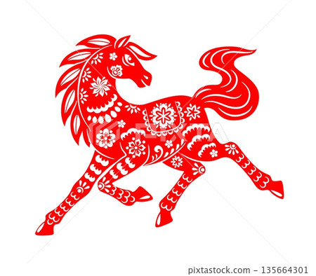 Papercut red horse, Chinese lunar new year running stallion. Asian zodiac and horoscope animal for 2026 with floral ornaments, flowing mane and tail. Vector traditional Cny holiday celebration symbol 135664301