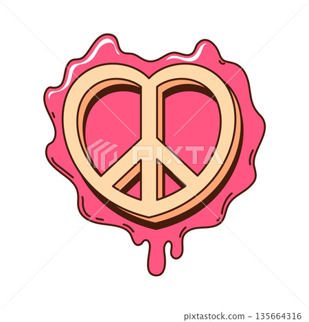 Valentines hippie peace sign cartoon groovy sticker. Romantic holiday groovy label, love day funky vector sticker. Saint Valentine celebration patch with pacific peace symbol and dripping pink paint 135664316