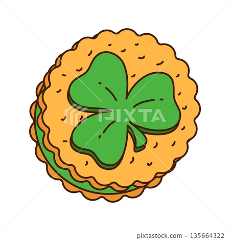 Saint Patricks day cartoon groovy cookie. Ireland holiday hippie dessert, spring party groovy vector pastry. Saint Patrick celebration two biscuit cookies with cream and clover leaf glaze dessert 135664322