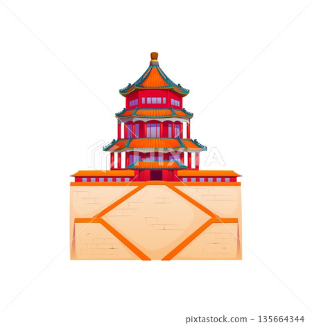 Chinese holiday, travel and culture icon of Summer Palace in Beijing, vector landmark architecture of China. Chinese Buddhist religious temple or pagoda shrine tower of royal imperial garden building 135664344