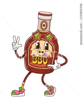 Groovy barbecue sauce bottle or funky character for BBQ food, cartoon vector. Funny barbecue sauce bottle with cool gesture and hippie sunglasses and yummy tongue out for barbeque groovy character 135664346