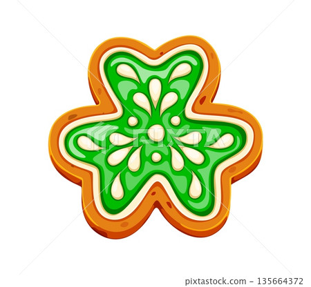 St Patrick Day sweet cake, shamrock clover cookie or biscuit dessert, cartoon vector. Happy Saint Patrick Day or Irish holiday cookie of shamrock trefoil clover with green caramel for Ireland pastry 135664372