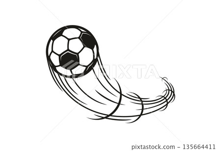 Moving football or soccer ball with motion trail for sport design, vector icon. Football game soccer ball with trails of kick to goal moving with speed in fast movement for championship league or team Moving football or soccer ball with motion trail for sport design, vector icon. Football game soccer ball with trails of kick to goal moving with speed in fast movement for championship league or team 135664411