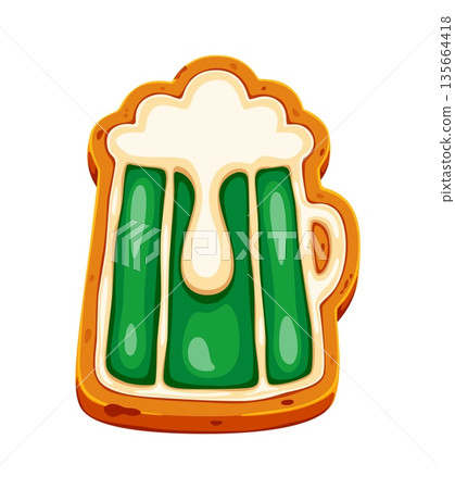 St Patrick Day sweets, green ale beer pint cookie or biscuit cake dessert, cartoon vector. Happy Saint Patrick Day or Irish holiday cookie of ale beer mug with green caramel for Ireland pastry dessert 135664418
