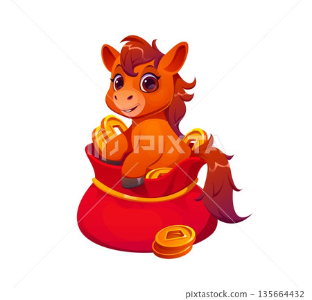 Cartoon horse foal sitting inside red lucky money bag filled with gold coins. Chinese Lunar New Year zodiac animal character symbolizing fortune, prosperity and wealth. Vector cute horoscope symbol Cartoon horse foal sitting inside red lucky money bag filled with gold coins. Chinese Lunar New Year zodiac animal character symbolizing fortune, prosperity and wealth. Vector cute horoscope symbol 135664432