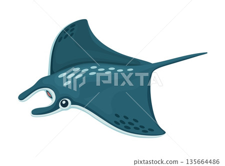 Manta ray ocean underwater environment animal cartoon character. Ocean aquatic wildlife cheerful personage, coral reef water aquatic animal cute vector mascot. Sea marine creature happy character 135664486