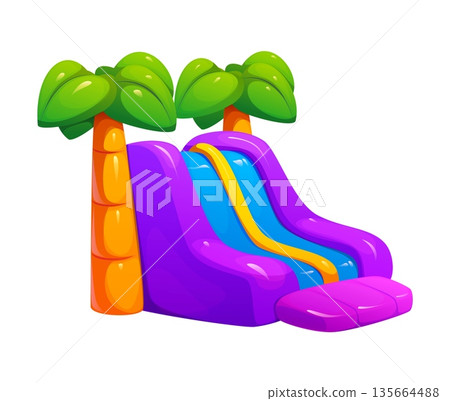 Amusement park trampoline, bouncy house or inflatable slide with purple sides and blue lanes. Child playground isolated vector inflatable slide. Kids amusement park bouncy trampoline with palm trees Amusement park trampoline, bouncy house or inflatable slide with purple sides and blue lanes. Child playground isolated vector inflatable slide. Kids amusement park bouncy trampoline with palm trees 135664488