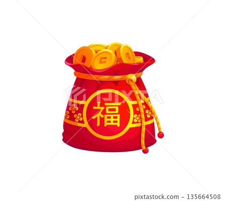 Chinese lucky money bag filled with golden coins. Symbol of wealth for CNY celebration. Red vector festive Lunar New Year pouch decorated with hieroglyph character, meaning good fortune and prosperity 135664508