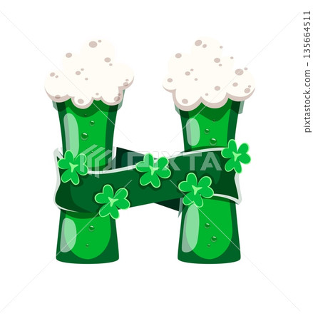 St Patricks font typeset green ale letter H. Spring holiday ABC typeset vector sign, March celebration type symbol. Saint Patrick alphabet letter or Irish folk font element with foamy beer glasses St Patricks font typeset green ale letter H. Spring holiday ABC typeset vector sign, March celebration type symbol. Saint Patrick alphabet letter or Irish folk font element with foamy beer glasses 135664511