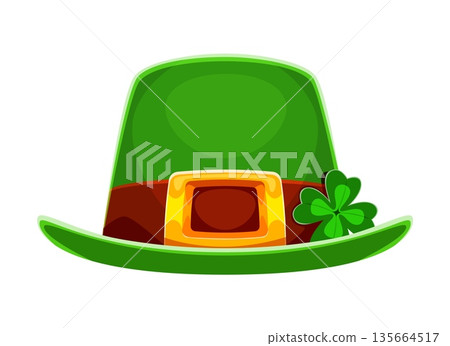 St Patricks day celebration leprechaun green hat with clover leaf. Saint Patrick green top hat, Irish isolated cartoon vector headwear. Ireland holiday tophat with golden buckle, green shamrock leaf St Patricks day celebration leprechaun green hat with clover leaf. Saint Patrick green top hat, Irish isolated cartoon vector headwear. Ireland holiday tophat with golden buckle, green shamrock leaf 135664517
