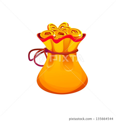 Cartoon Chinese lucky money bag filled with traditional gold coins. Festive Lunar New Year symbol of wealth, prosperity and abundance. Vector fortune pouch tied with ribbon celebrating Asian culture Cartoon Chinese lucky money bag filled with traditional gold coins. Festive Lunar New Year symbol of wealth, prosperity and abundance. Vector fortune pouch tied with ribbon celebrating Asian culture 135664544
