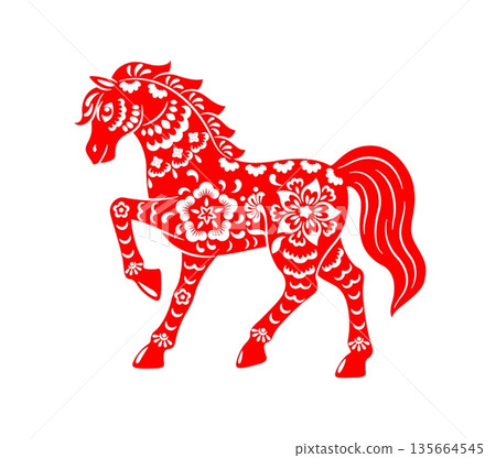 Chinese paper cut red horse Lunar New Year zodiac animal with floral ornament. Retro oriental vector art inspired by Asian culture, festival decoration, traditional holiday celebration symbol of 2026 Chinese paper cut red horse Lunar New Year zodiac animal with floral ornament. Retro oriental vector art inspired by Asian culture, festival decoration, traditional holiday celebration symbol of 2026 135664545