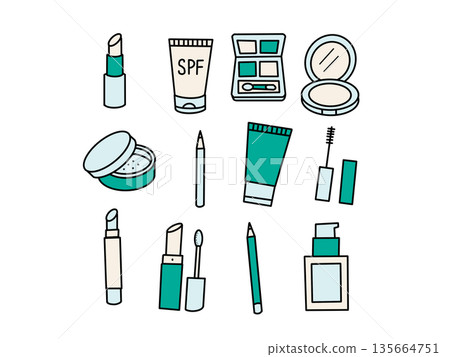 Makeup product illustration set | Lipstick, sunscreen, eyeshadow, etc. | Sustainable Makeup product illustration set | Lipstick, sunscreen, eyeshadow, etc. | Sustainable 135664751