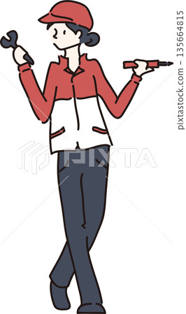 Illustration of a woman in work clothes holding tools 01 Red uniform 135664815