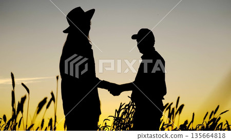 A handshake seals the wheat deal at sunset, Farmers agree on wheat prices with a firm handshake, Two individuals shake hands in a golden wheat field, Business partners solidify their wheat trade with A handshake seals the wheat deal at sunset, Farmers agree on wheat prices with a firm handshake, Two individuals shake hands in a golden wheat field, Business partners solidify their wheat trade with 135664818