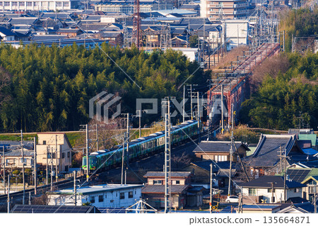 一列JR奈良線列車駛過木津川大橋。照片拍攝於京都府木津川市城山台城遺址公園。 135664871