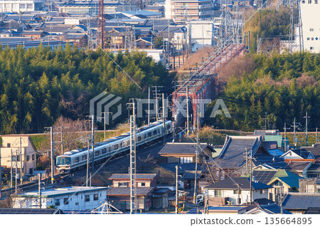 A JR Nara Line train crossing the Kizugawa River bridge. View from Shiroyamadai Castle Ruins Park, Kizugawa City, Kyoto Prefecture (23) 135664895