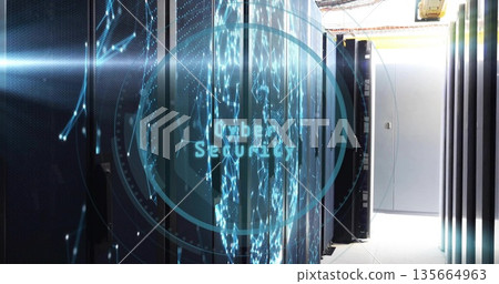 Glowing server racks streaming data visuals in data center corridor, with Cyber Security hologram Glowing server racks streaming data visuals in data center corridor, with Cyber Security hologram 135664963