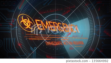 Flashing biohazard alert on panel showing EMERGENCY and IMMEDIATE ACTION REQUIRED amid circuit grid Flashing biohazard alert on panel showing EMERGENCY and IMMEDIATE ACTION REQUIRED amid circuit grid 135664992