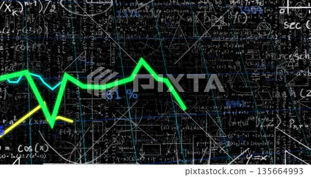 Displaying neon green jagged trend line with cyan and yellow lines on screen with math notations 135664993