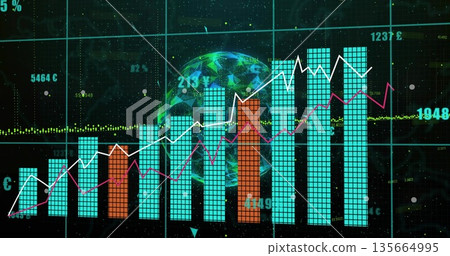 Displaying dashboard at holographic UI, with turquoise orange bars, white magenta lines, globe grid 135664995