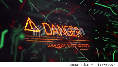 Displaying danger warning on panel with large DANGER text, hazard icon, IMMEDIATE ACTION REQUIRED Displaying danger warning on panel with large DANGER text, hazard icon, IMMEDIATE ACTION REQUIRED 135664998