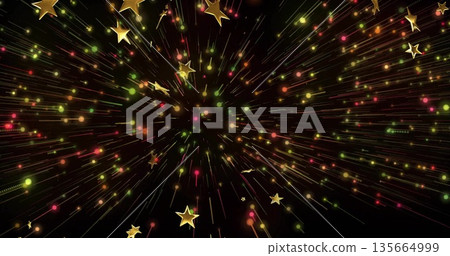 Radiating golden star shapes and multicolored light particles in black space, with light streaks Radiating golden star shapes and multicolored light particles in black space, with light streaks 135664999